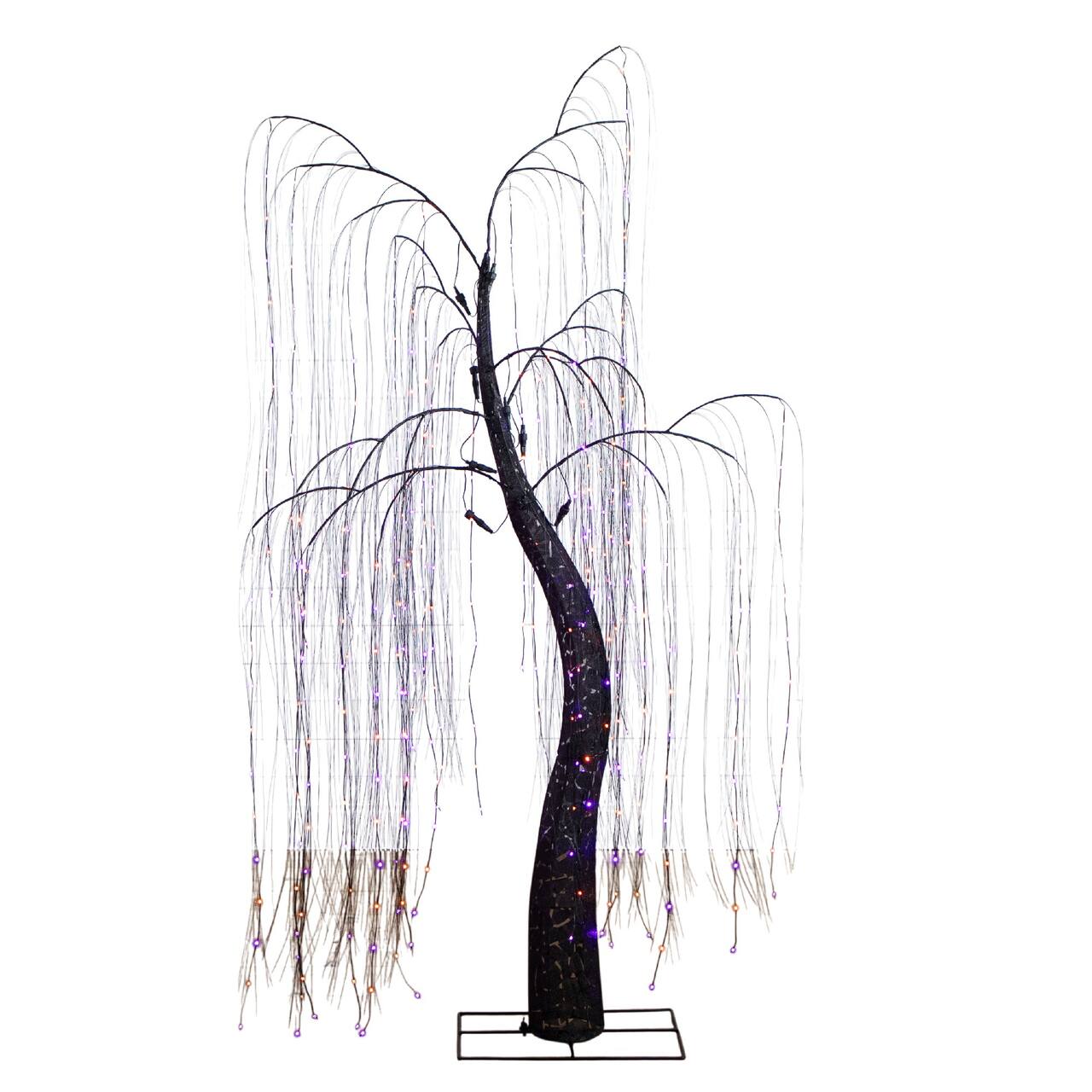7ft. Pre-Lit Artificial Halloween Black Willow Tree with 600 Purple and Orange Dual Color LED Lights